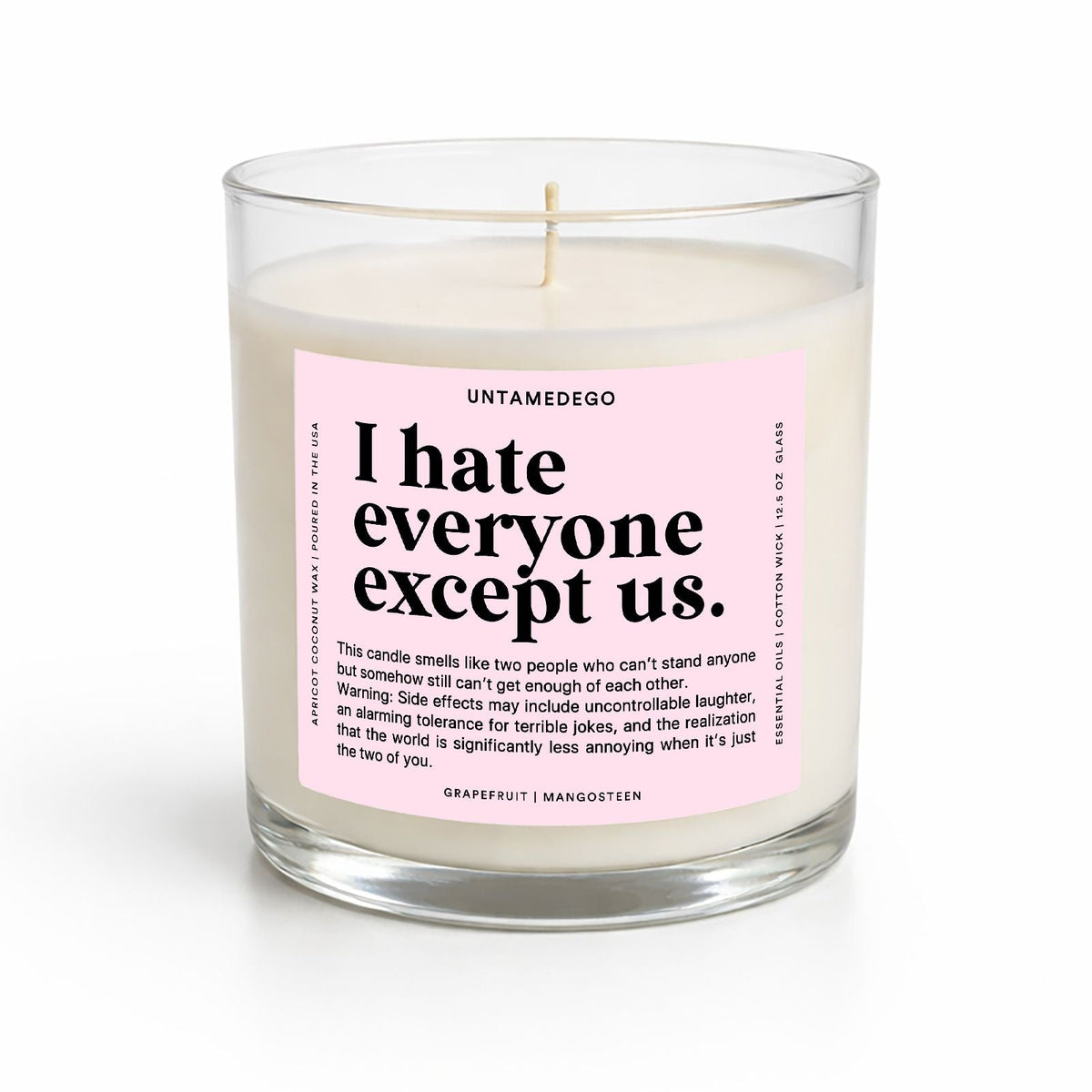 A clear glass jar candle with white wax and a pink label reading 'I hate everyone except us.' by UNTAMEDEGO, shown on a clean white background.