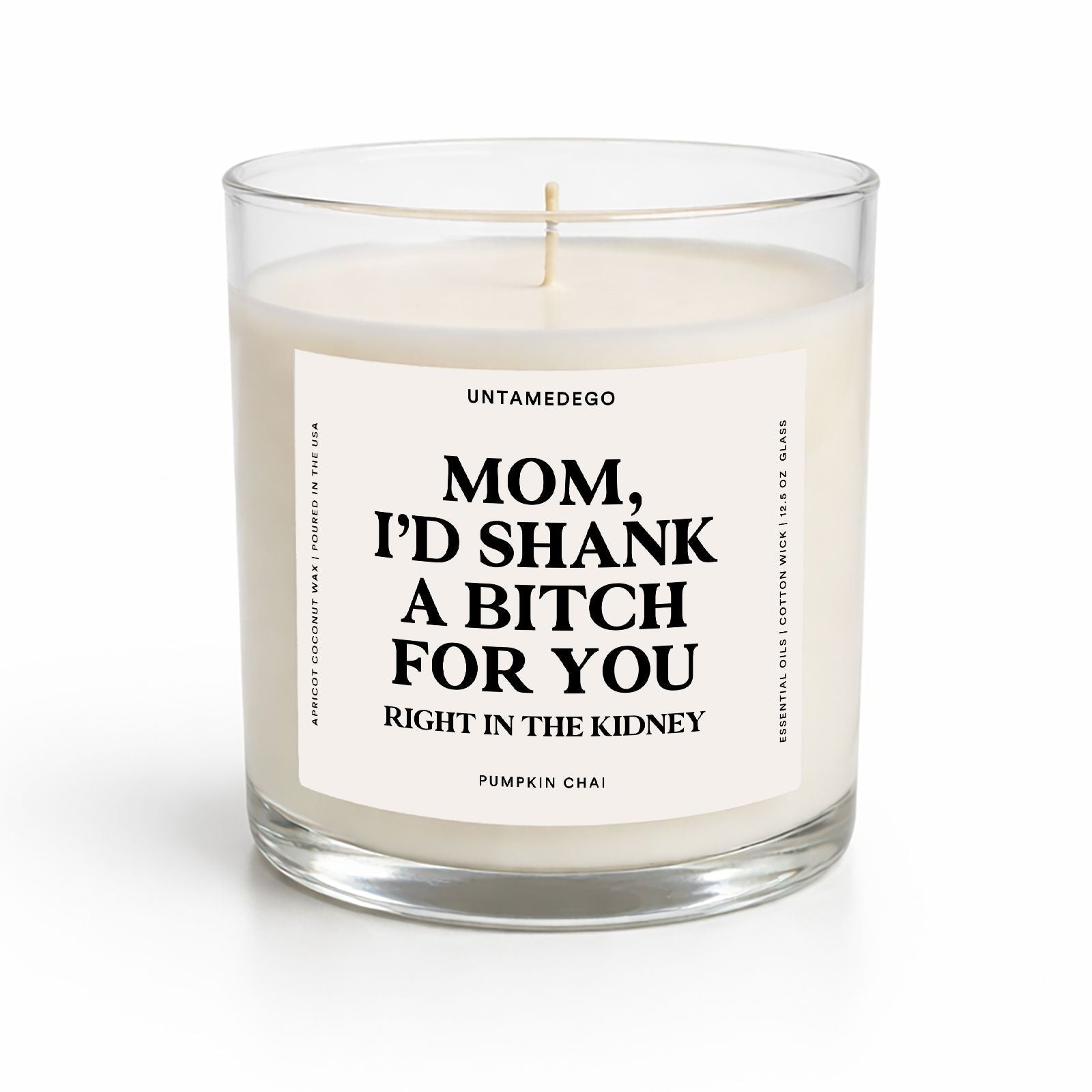 Candle with a humorous label on a white background