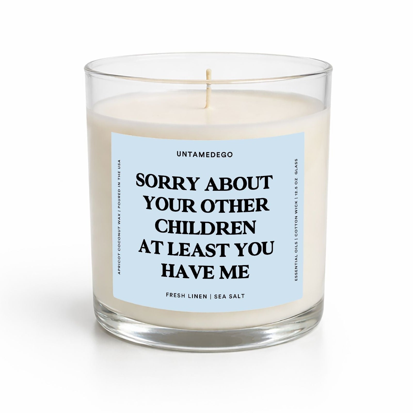 Candle with a humorous label on a white background