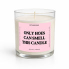 A clear glass jar candle with white wax and a pink label that reads 'ONLY HOES CAN SMELL THIS CANDLE' in bold black text. The brand name 'UNTAMEDEGO' is visible at the top of the label.
