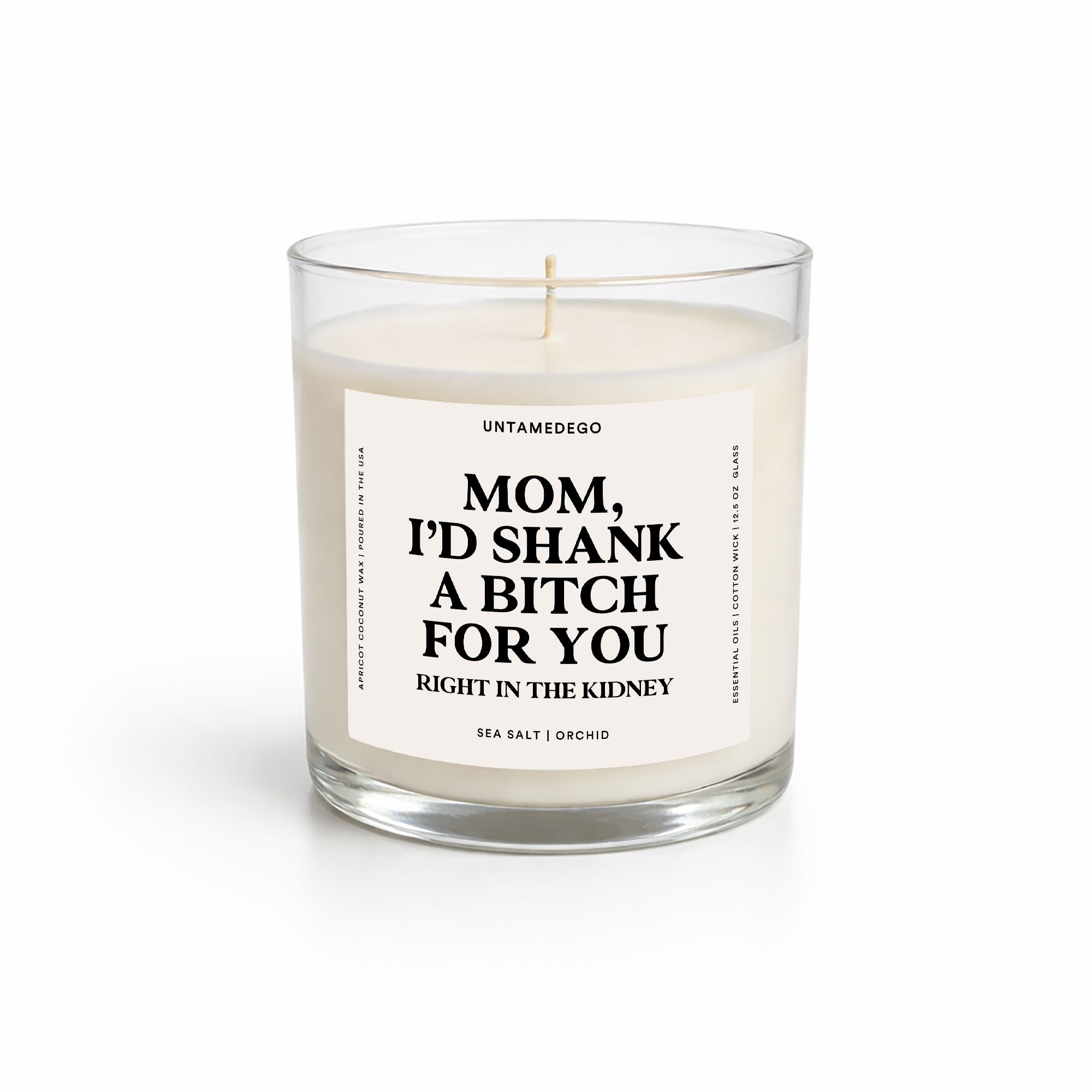 Candle with a humorous label on a white background