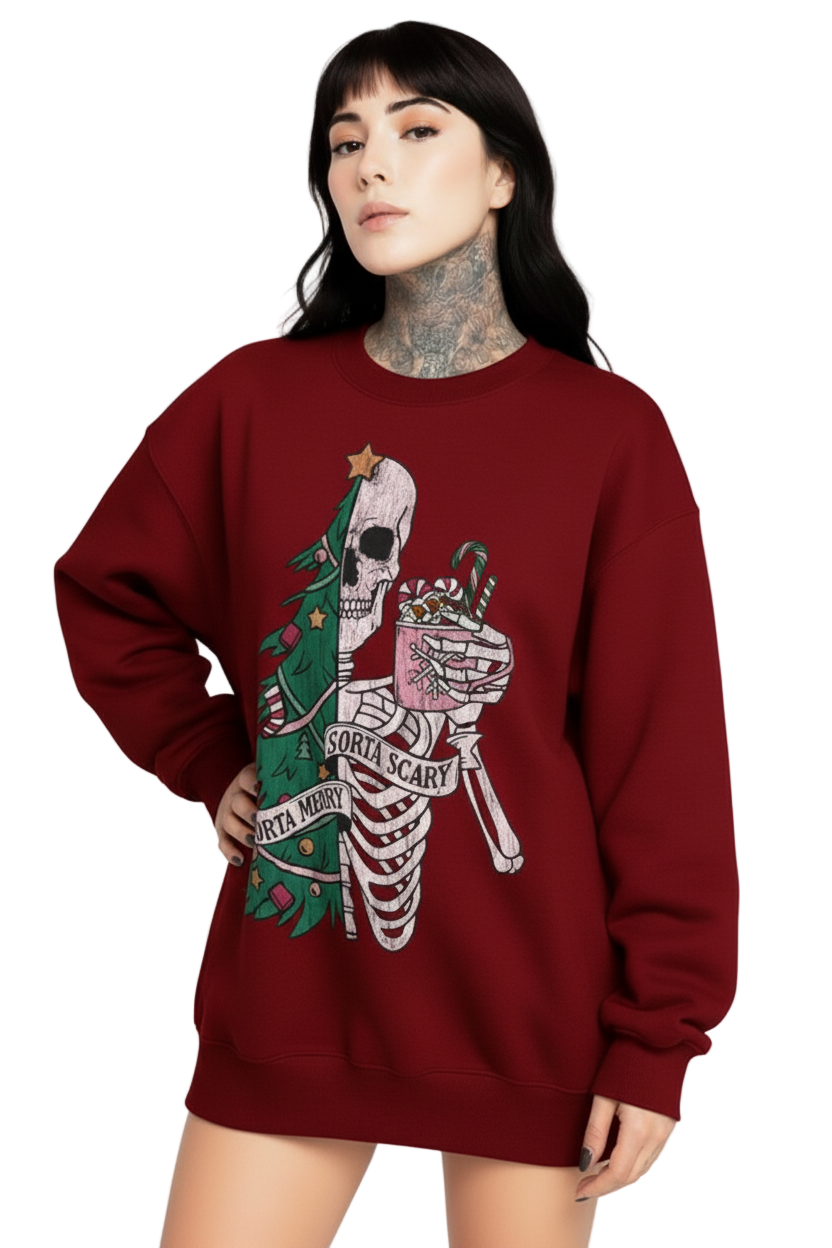 Person wearing a red sweatshirt with a graphic design on a white background