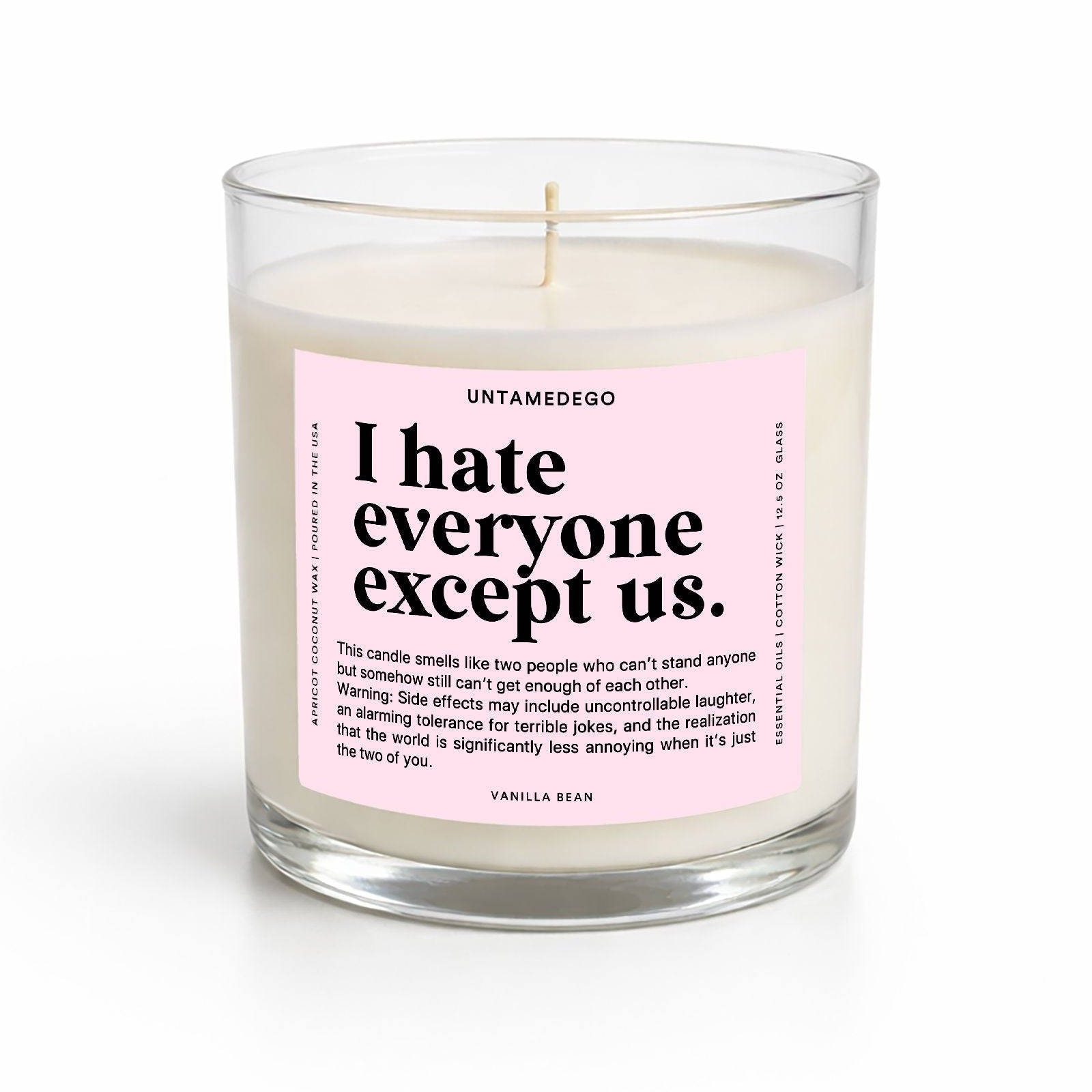 A clear glass jar candle with white wax and a pink label reading 'I hate everyone except us.' by UNTAMEDEGO, shown on a clean white background.