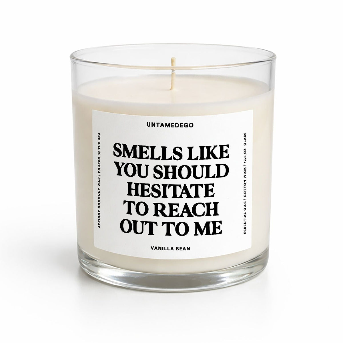 A glass jar candle with cream-colored wax and a white label featuring bold black text that reads 'SMELLS LIKE YOU SHOULD HESITATE TO REACH OUT TO ME' by Untamedogo, Vanilla Bean.