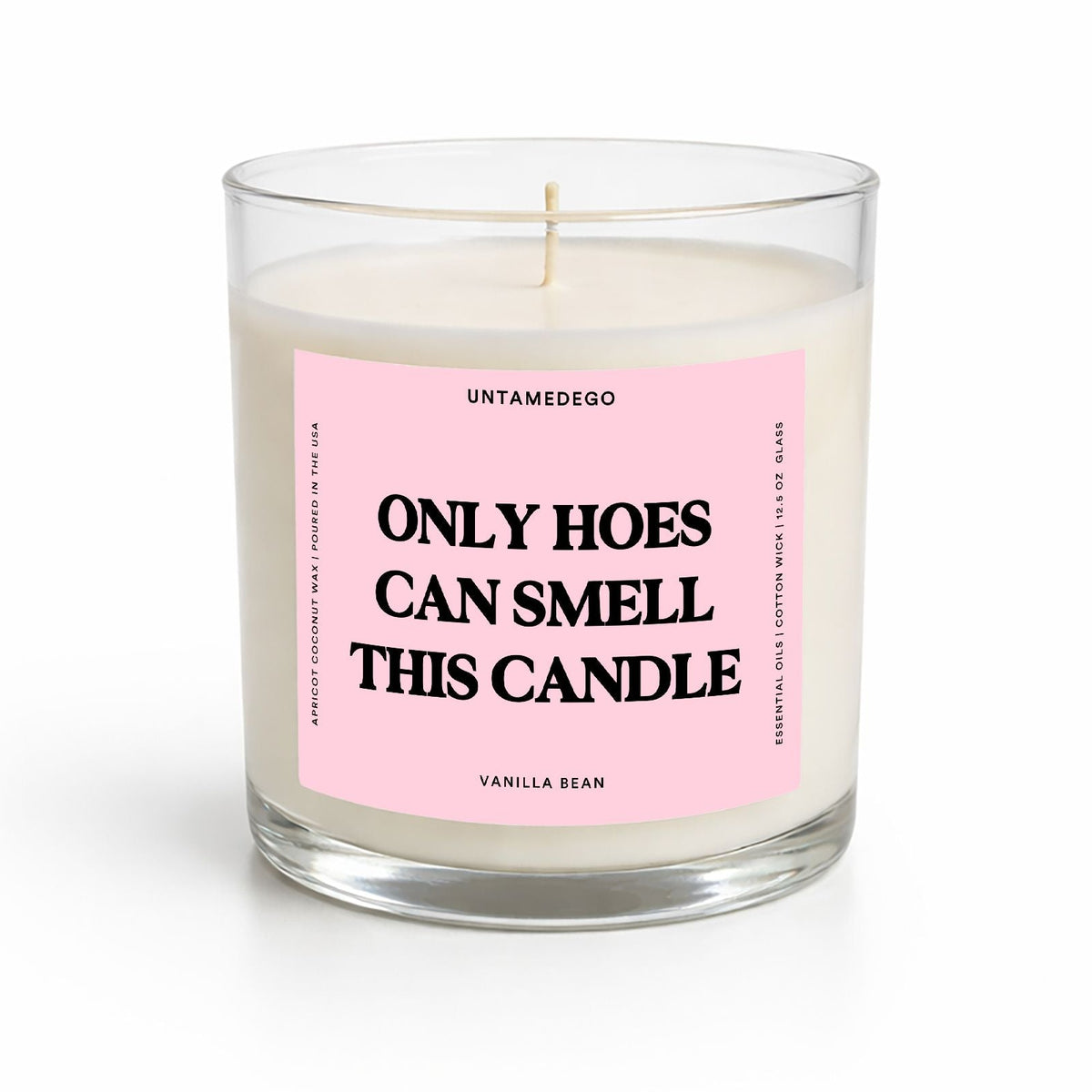 A single-wick glass jar candle with white wax and a pink label that reads 'ONLY HOES CAN SMELL THIS CANDLE' in bold black text. The brand name 'VANILLA BEAN' is visible at the bottom of the label.