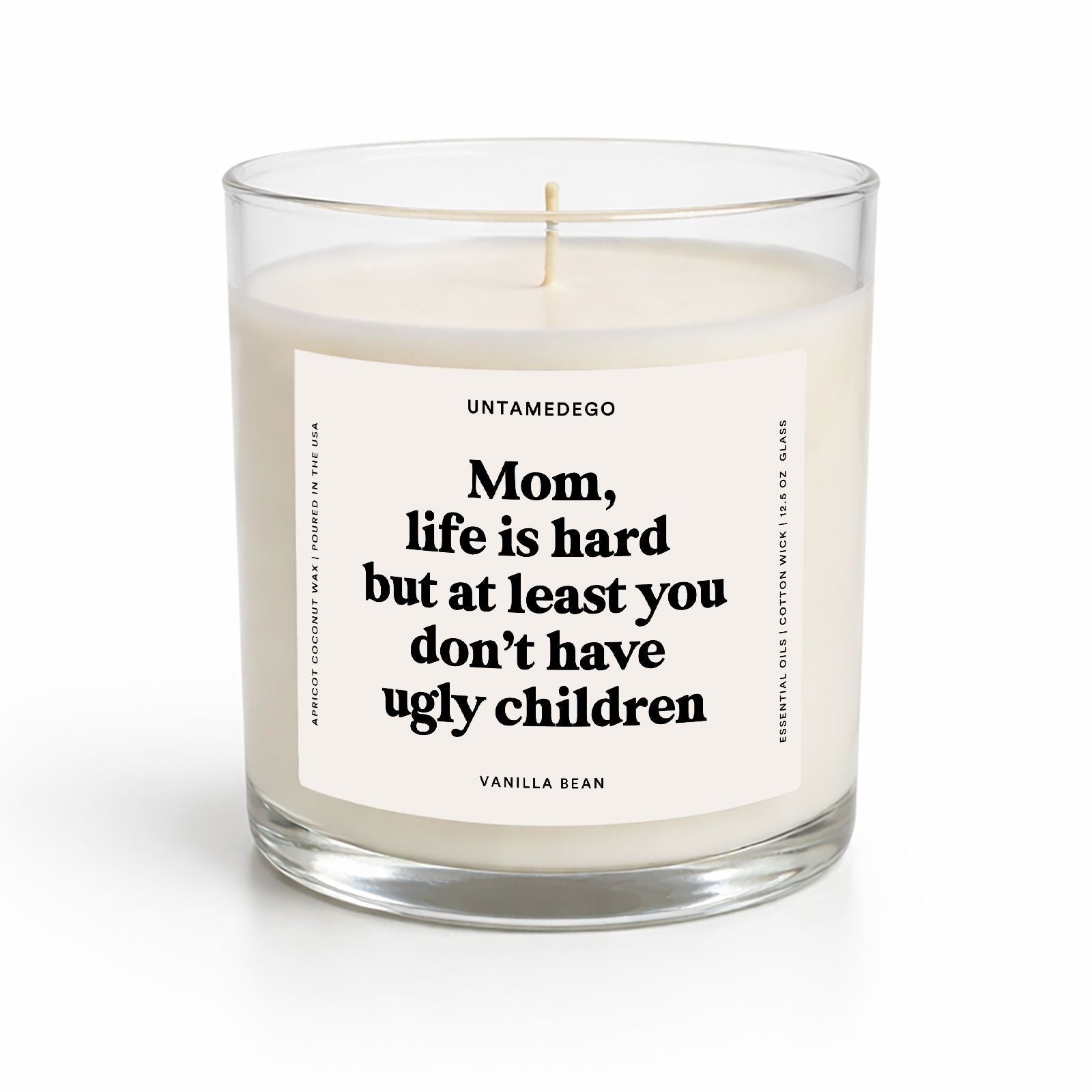 Candle with a humorous label on a white background
