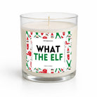 A single-wick candle in a clear glass jar with cream-colored wax and a white label that reads 'WHAT THE ELF' in bold black and green text, surrounded by a border of illustrated elves. The brand name 'UNTAMEDOO' is visible at the top of the label.