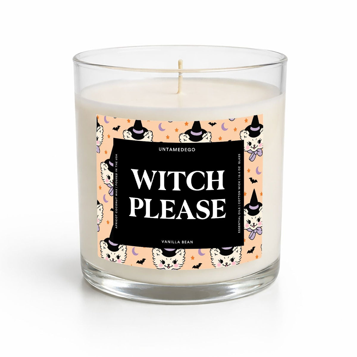 A clear glass jar candle with white wax and a printed label reading 'WITCH PLEASE' on a peach background with cartoon cats, witches, and small purple butterflies. The candle is photographed on a clean white background.