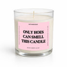 A glass jar candle with white wax and a pink label that reads 'ONLY HOES CAN SMELL THIS CANDLE' in bold black text. The brand name 'UNTAMEDEGO' is visible at the top of the label.