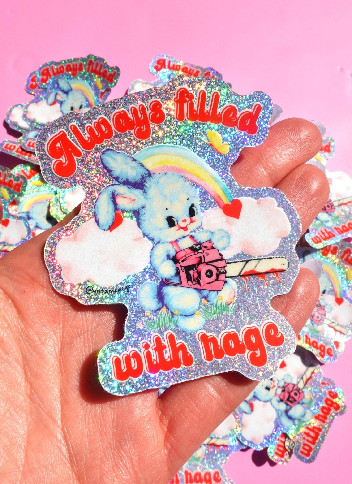 Always Filled with Rage Waterproof Vinyl Sticker – Holographic Funny Bunny Chainsaw Decal - UntamedEgo LLC.