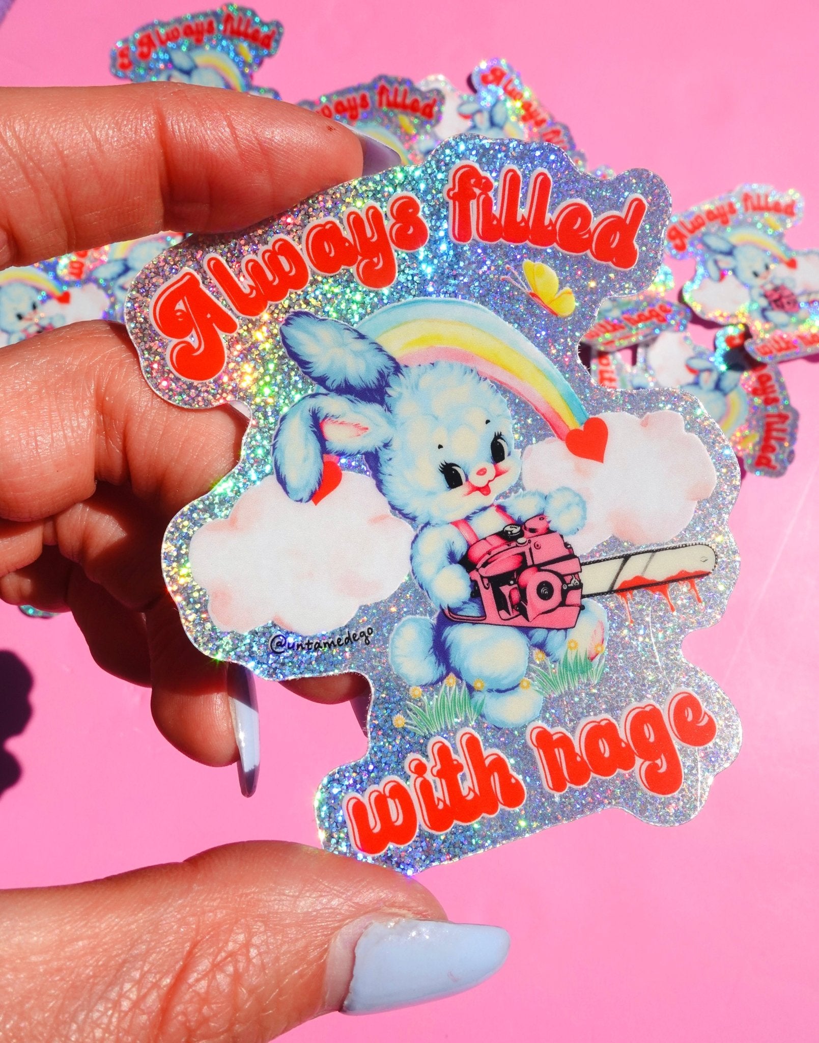 Always Filled with Rage Waterproof Vinyl Sticker – Holographic Funny Bunny Chainsaw Decal - UntamedEgo LLC.