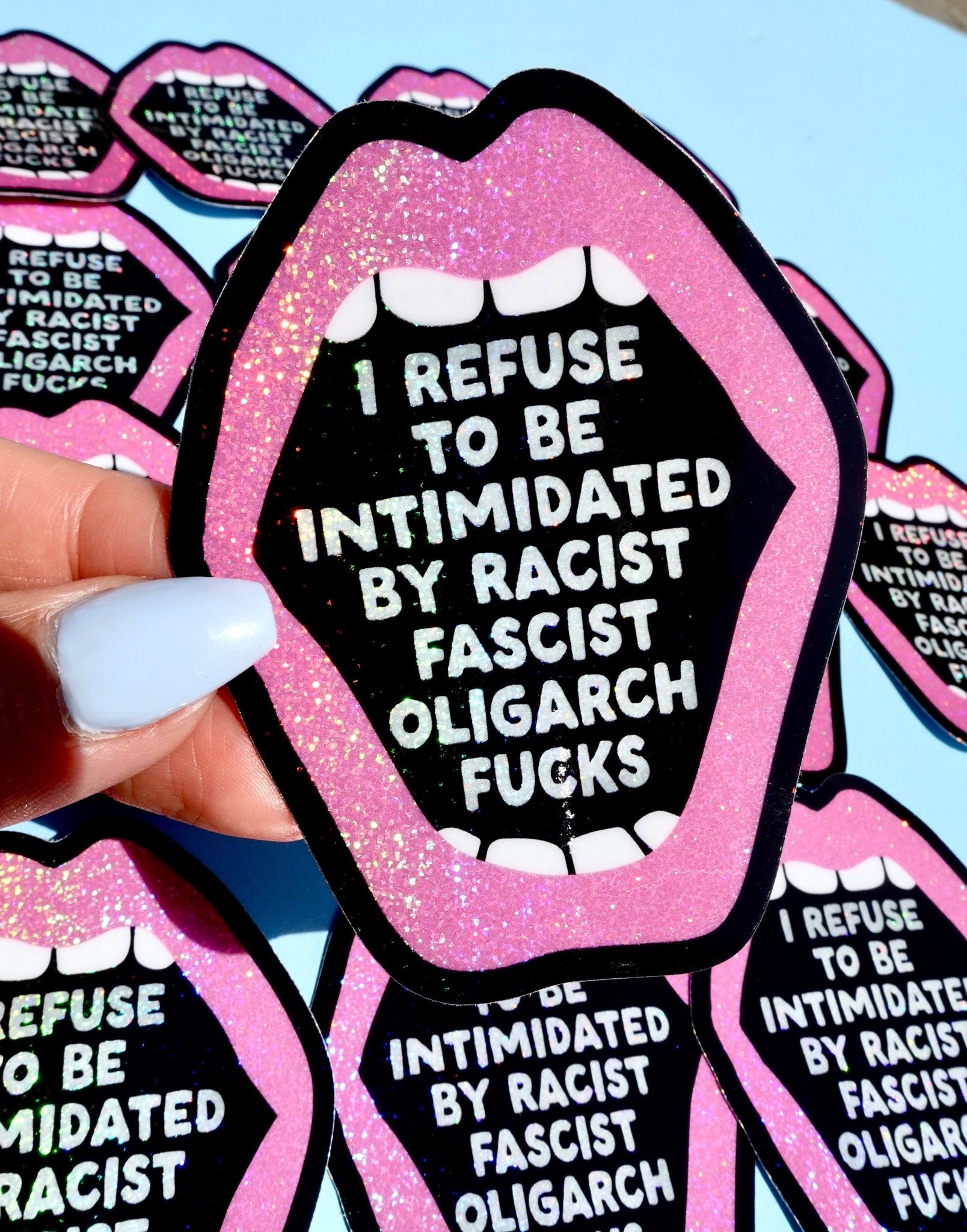 Anti - Fascist Statement Sticker – Bold Political Vinyl Sticker with Pink Glitter Mouth - UntamedEgo LLC.