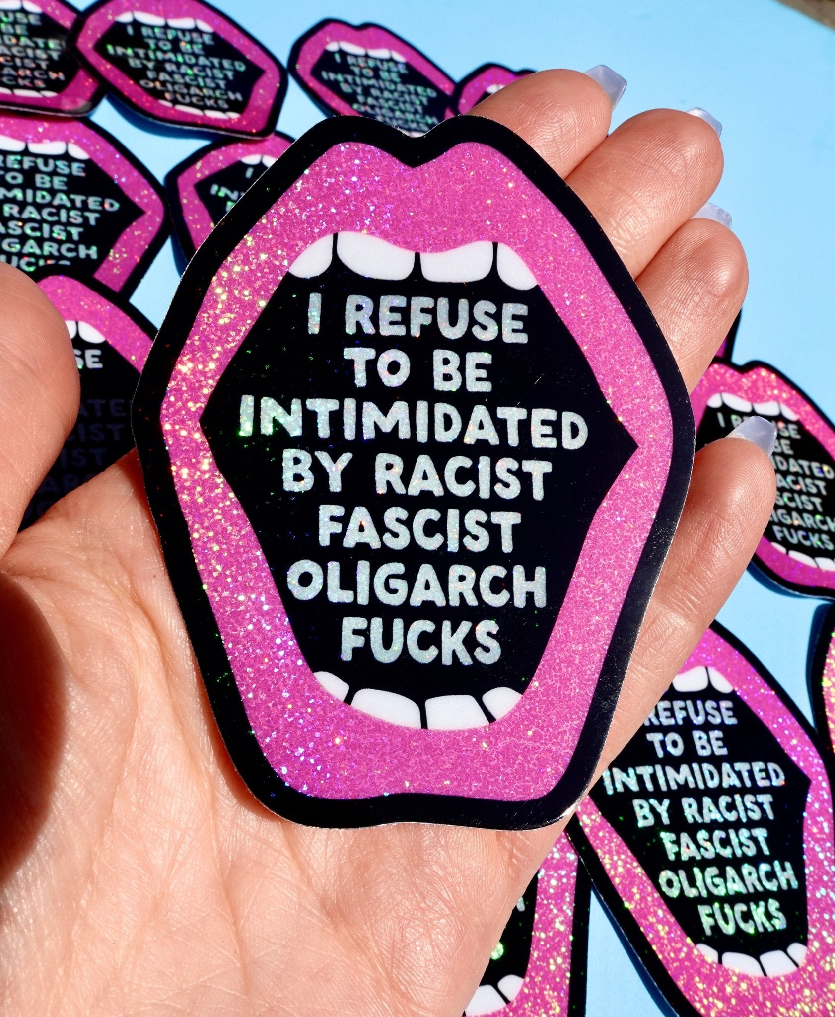 Anti - Fascist Statement Sticker – Bold Political Vinyl Sticker with Pink Glitter Mouth - UntamedEgo LLC.