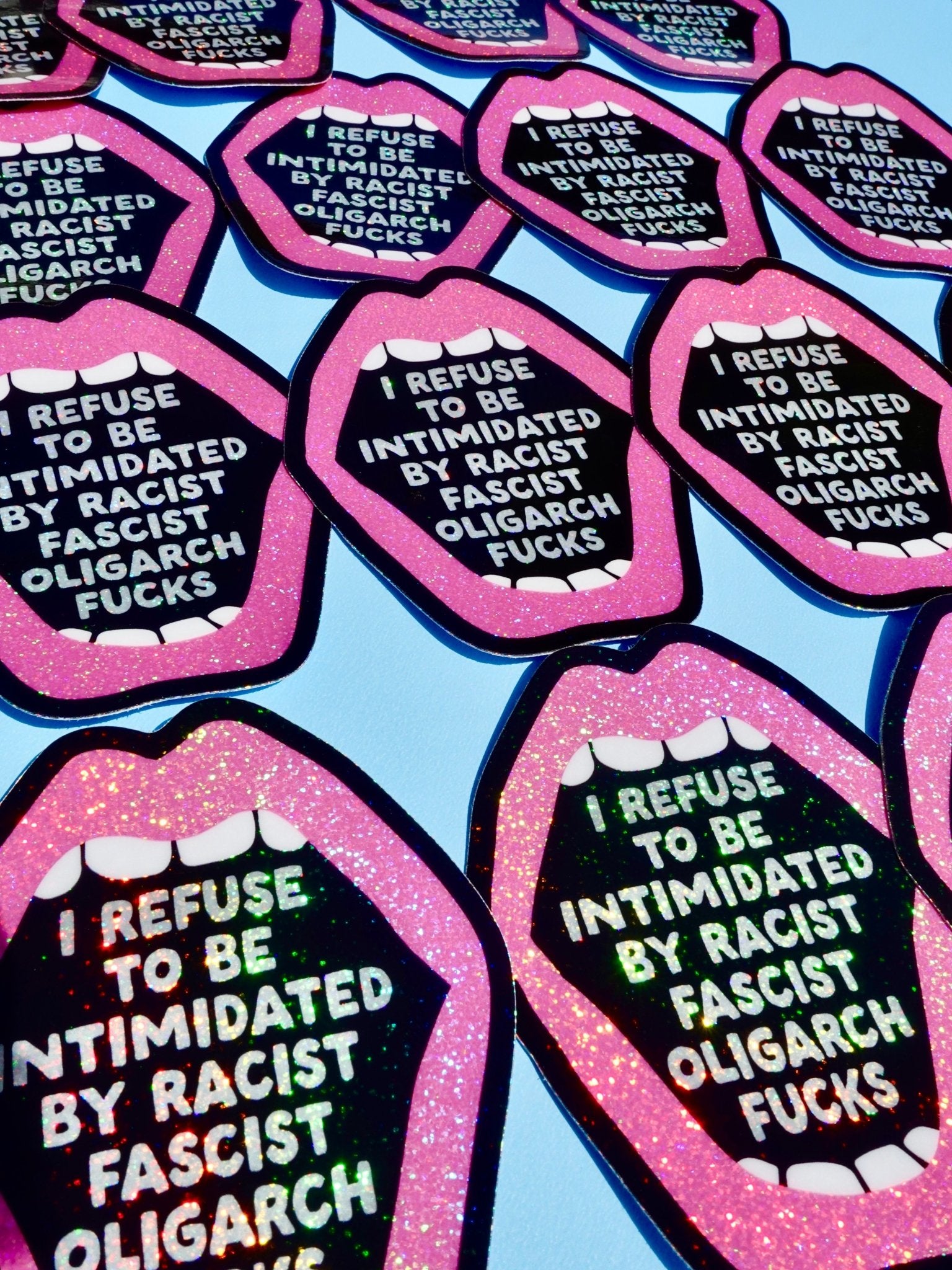 Anti - Fascist Statement Sticker – Bold Political Vinyl Sticker with Pink Glitter Mouth - UntamedEgo LLC.