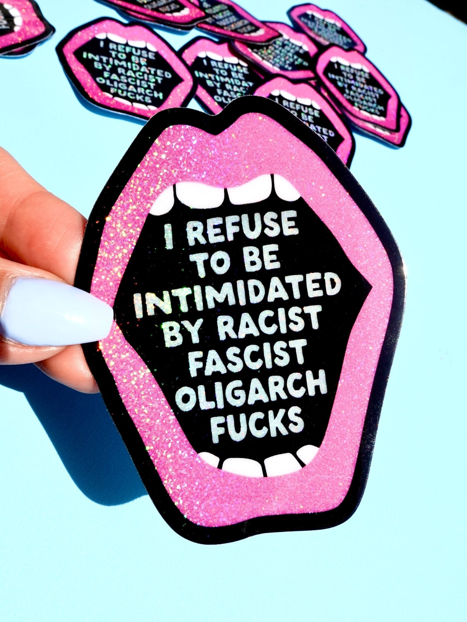 Anti - Fascist Statement Sticker – Bold Political Vinyl Sticker with Pink Glitter Mouth - UntamedEgo LLC.
