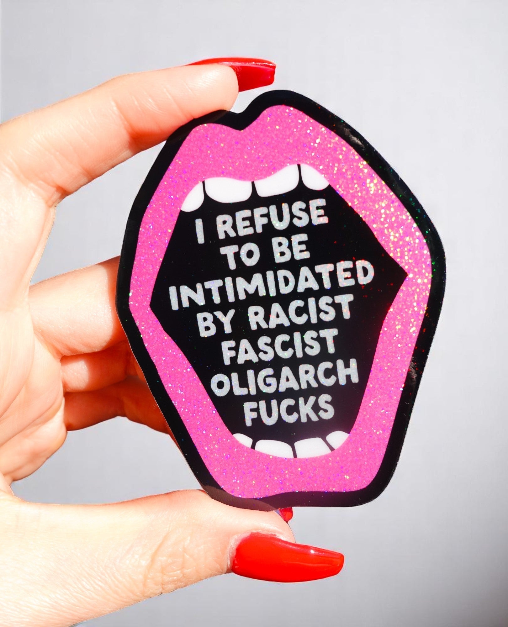 Anti - Fascist Statement Sticker – Bold Political Vinyl Sticker with Pink Glitter Mouth - UntamedEgo LLC.