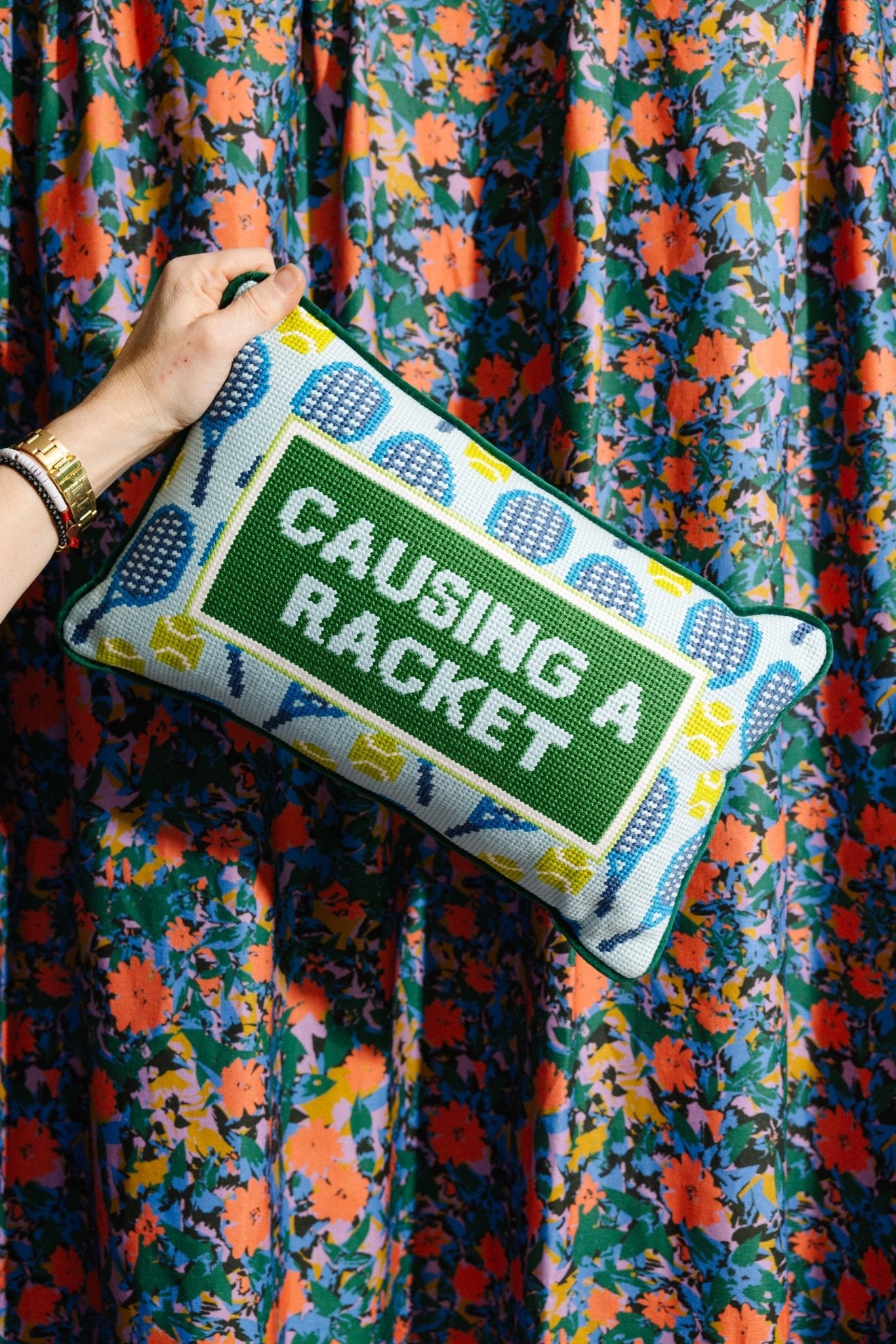 Causing A Racket Needlepoint Pillow - UntamedEgo LLC.