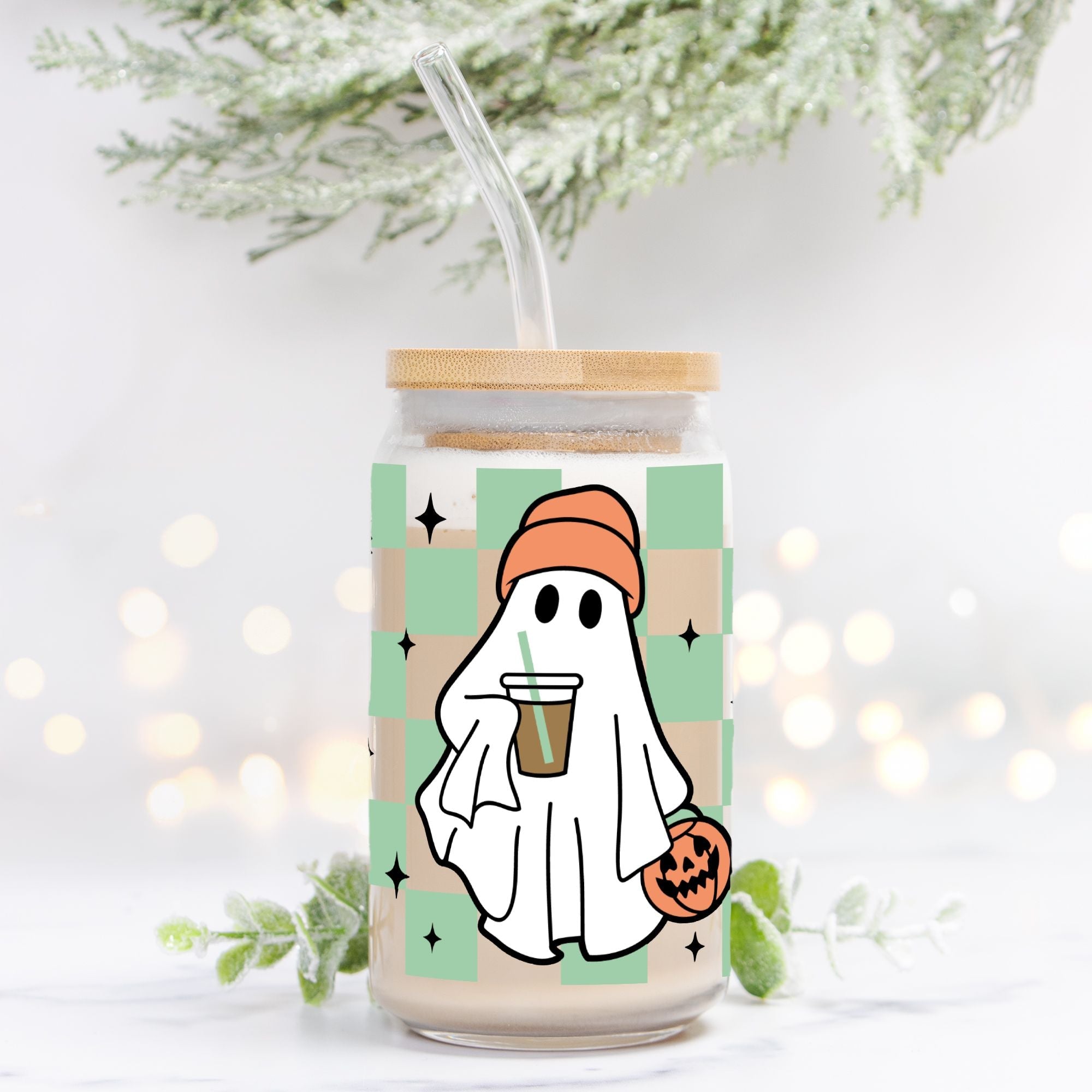Checkered Ghost Halloween Glass Can 16oz - UntamedEgo LLC.