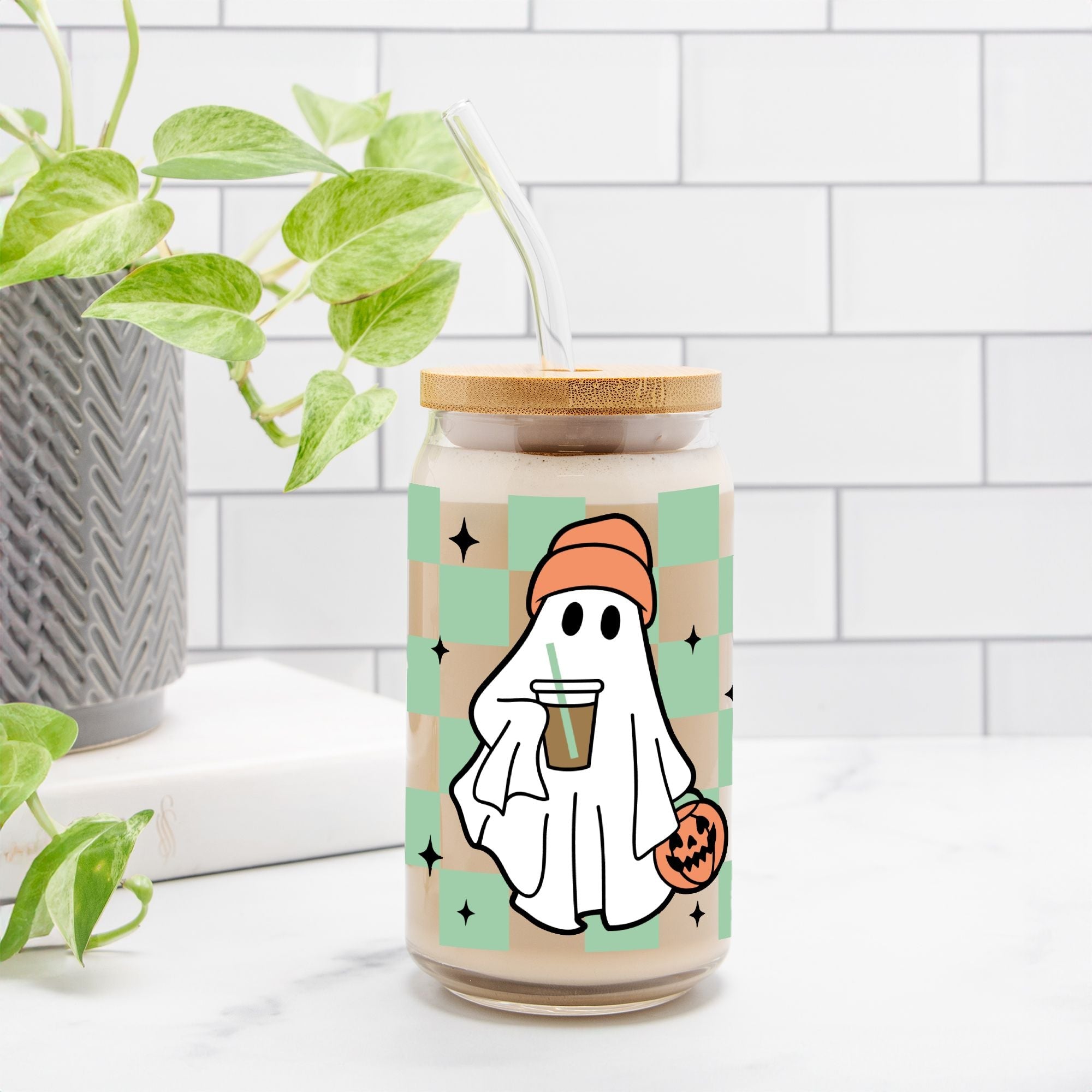 Checkered Ghost Halloween Glass Can 16oz - UntamedEgo LLC.