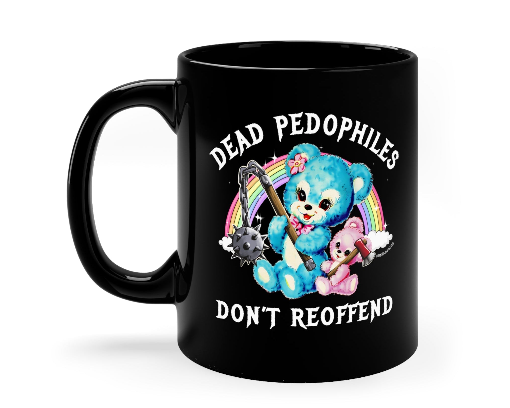 Black mug with cartoon bears and text on a white background