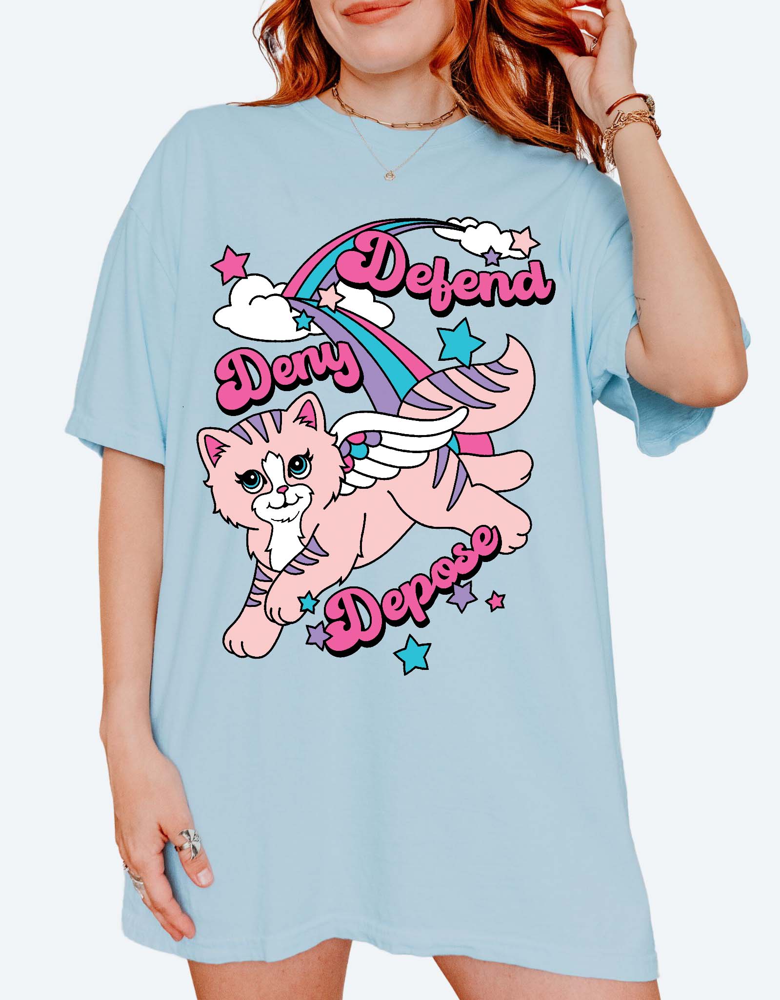Funny graphic t-shirt with cute cat illustration and text saying deny defend depose