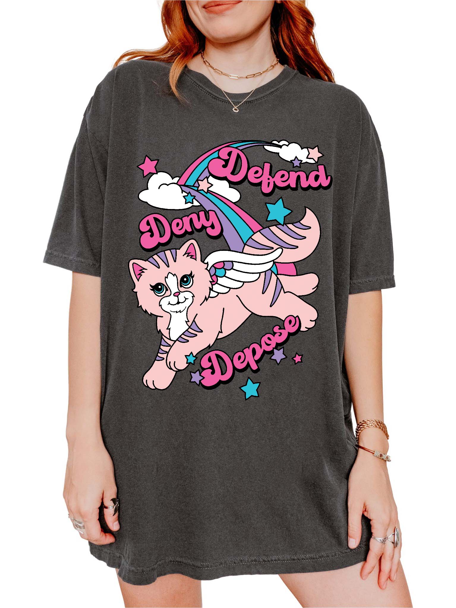 Funny graphic t-shirt with cute cat illustration and text saying deny defend depose