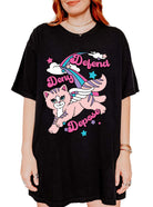 Funny graphic t-shirt with cute cat illustration and text saying deny defend depose