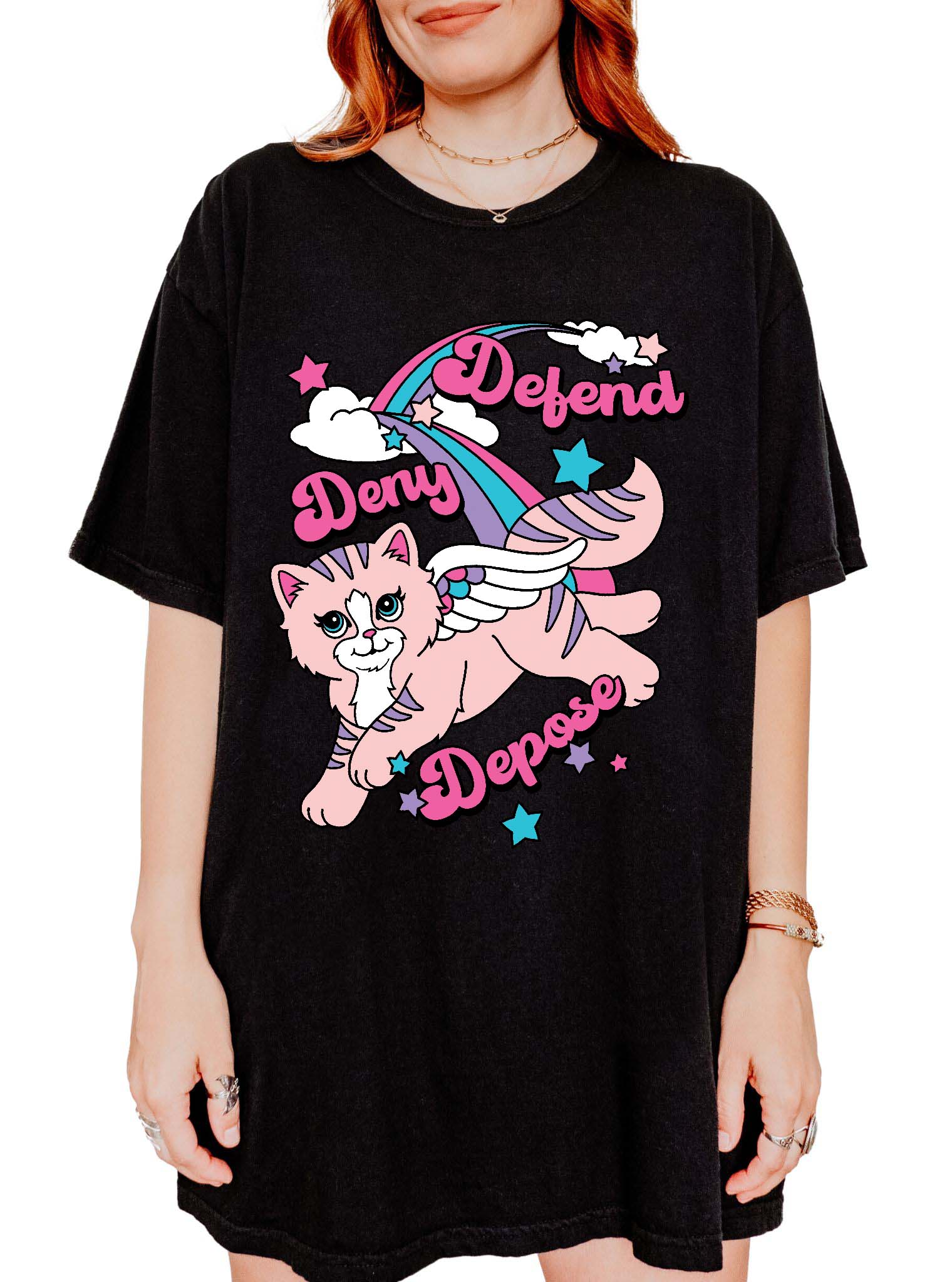 Funny graphic t-shirt with cute cat illustration and text saying deny defend depose