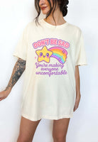 Funny graphic t-shirt with cute star and rainbow design and text saying don’t be sad you’re making everyone uncomfortable