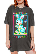 Funny graphic t-shirt with cute bunny illustration and text saying everything is fucked