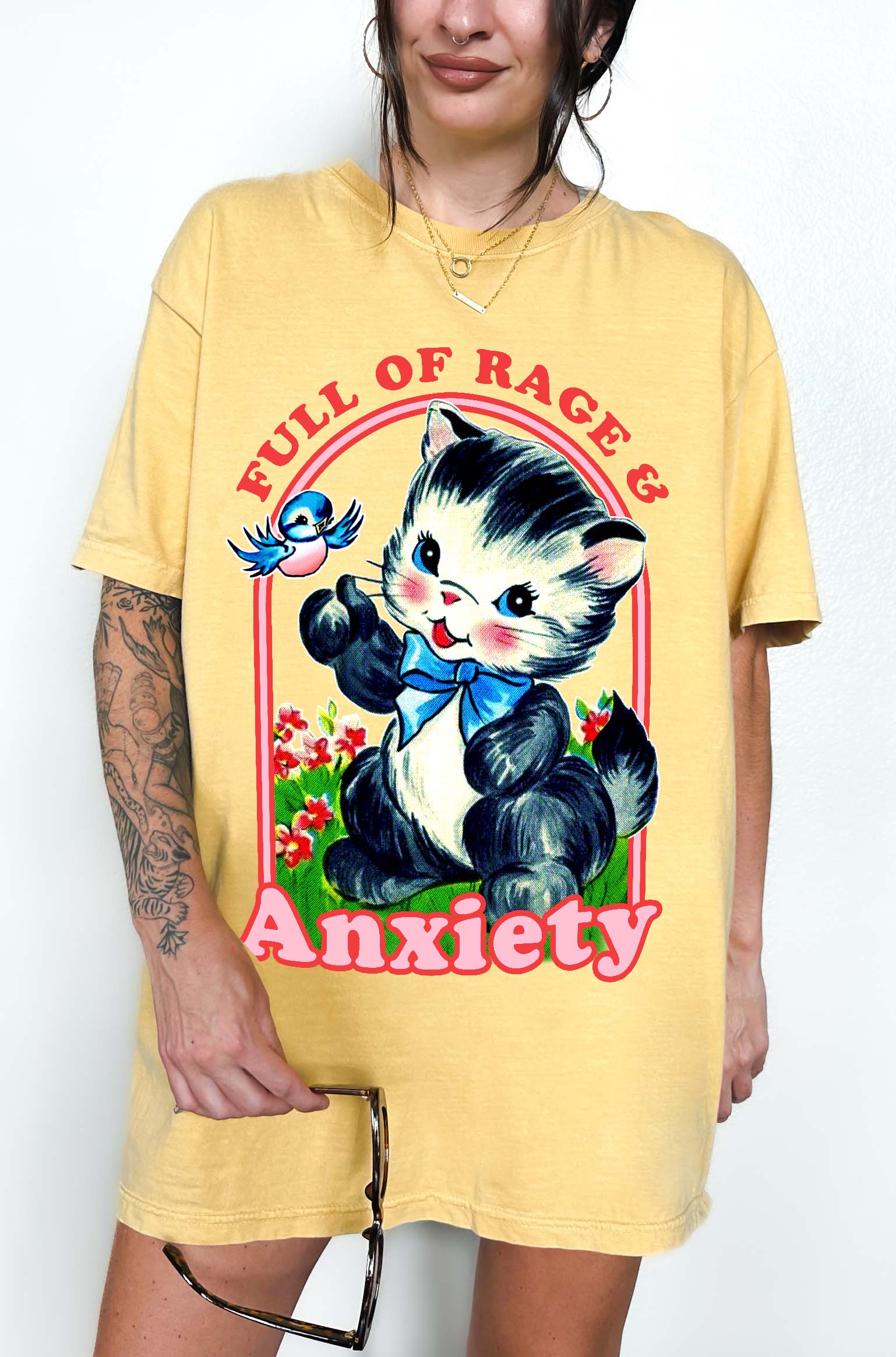 Funny anxiety shirt with cute kitten graphic saying full of rage and anxiety sarcastic mental health humor tee