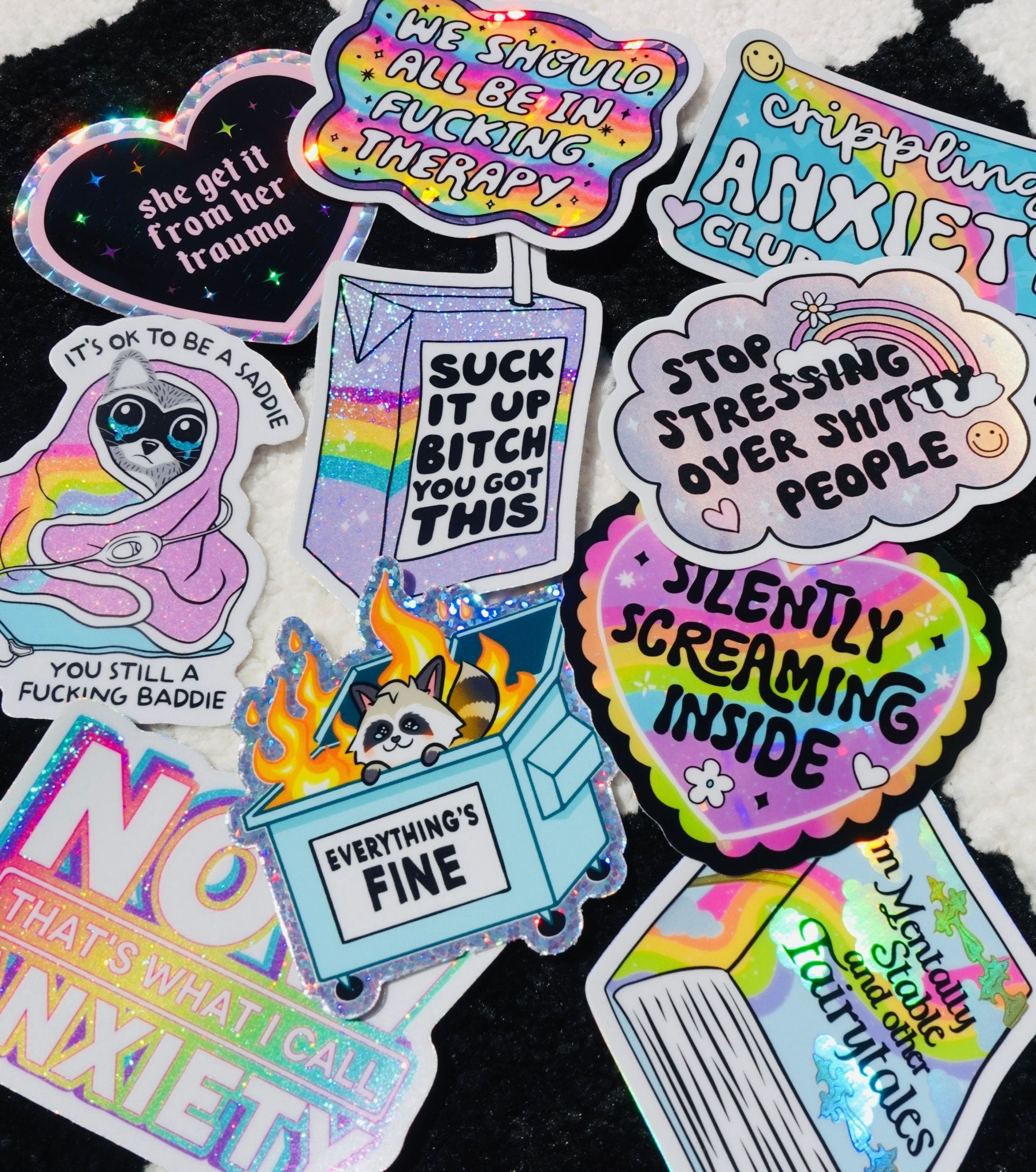 Funny Mental Health Sticker Pack – Holographic Waterproof Vinyl Decals – Discounted Bundle of Anxiety, Therapy & Trauma Humor - UntamedEgo LLC.