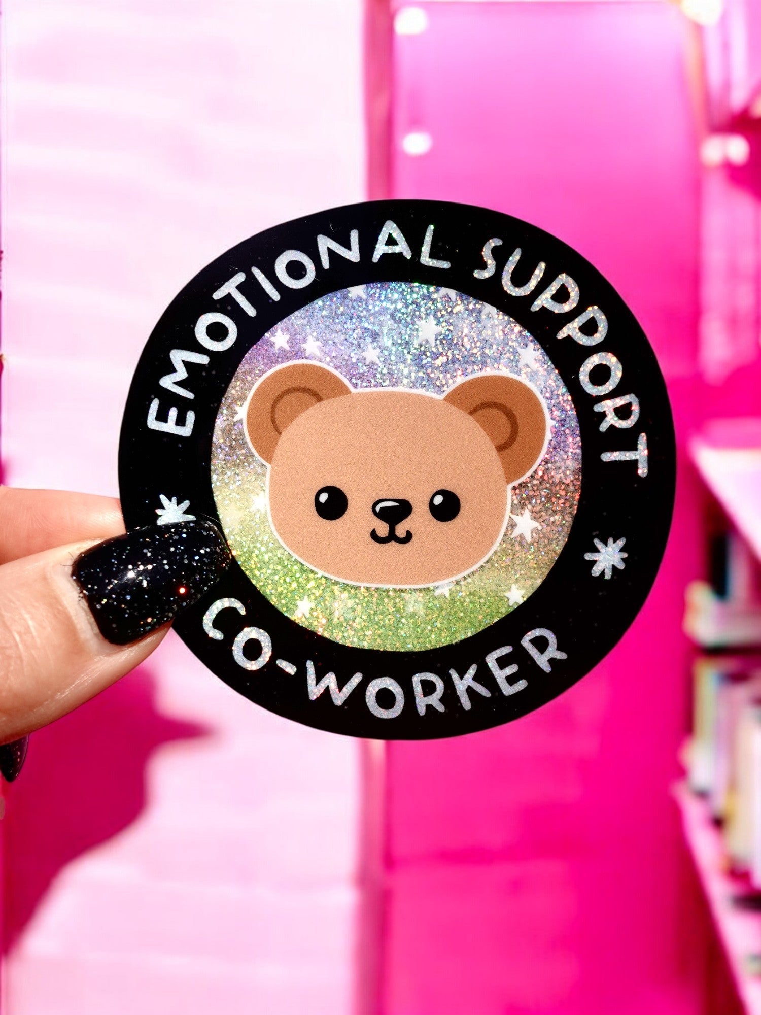 Funny Vinyl Sticker – Emotional Support Co - Worker – Glitter Holographic Waterproof Bear Decal for Work Laptop or Office Gift - UntamedEgo LLC.