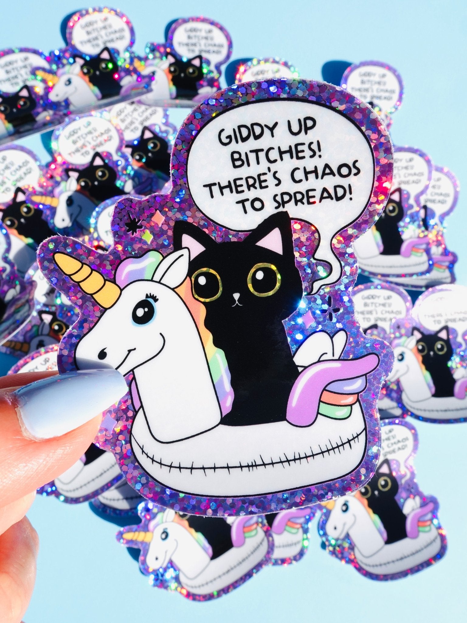 Funny Vinyl Sticker – Giddy Up Bitches – Holographic Cat and Unicorn Waterproof Decal - UntamedEgo LLC.