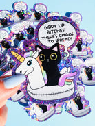Funny Vinyl Sticker – Giddy Up Bitches – Holographic Cat and Unicorn Waterproof Decal - UntamedEgo LLC.