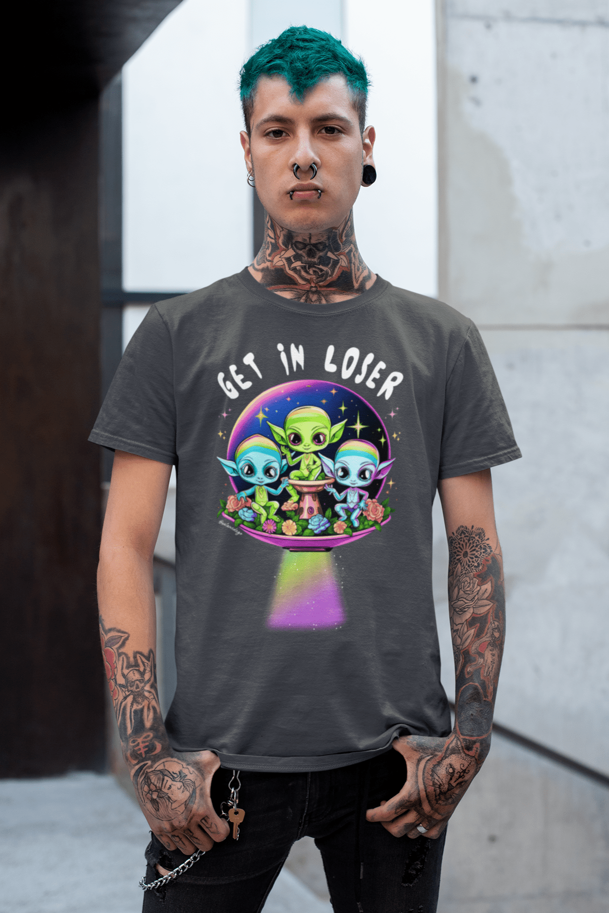 Get In Loser Alien Graphic Tee – Funny Psychedelic UFO Shirt Neon Spacecore Aesthetic Oversized Unisex T-Shirt - UntamedEgo LLC.