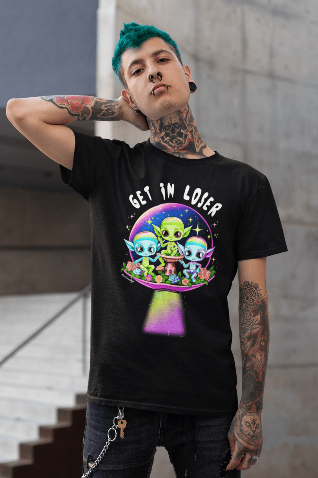 Get In Loser Alien Graphic Tee – Funny Psychedelic UFO Shirt Neon Spacecore Aesthetic Oversized Unisex T-Shirt - UntamedEgo LLC.