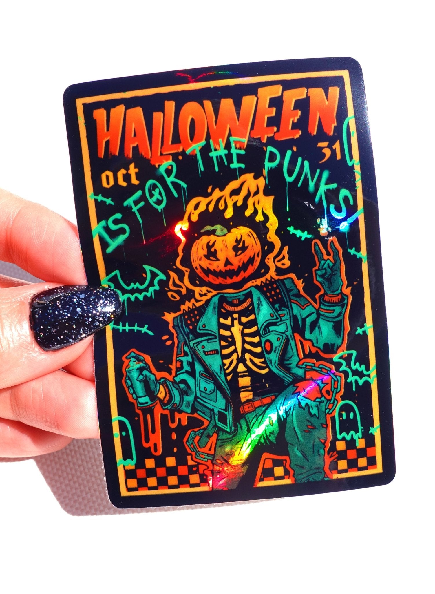 Halloween Is for the Punks Sticker – Holographic Skeleton Vinyl – Punk Rock Halloween Vinyl Sticker - UntamedEgo LLC.