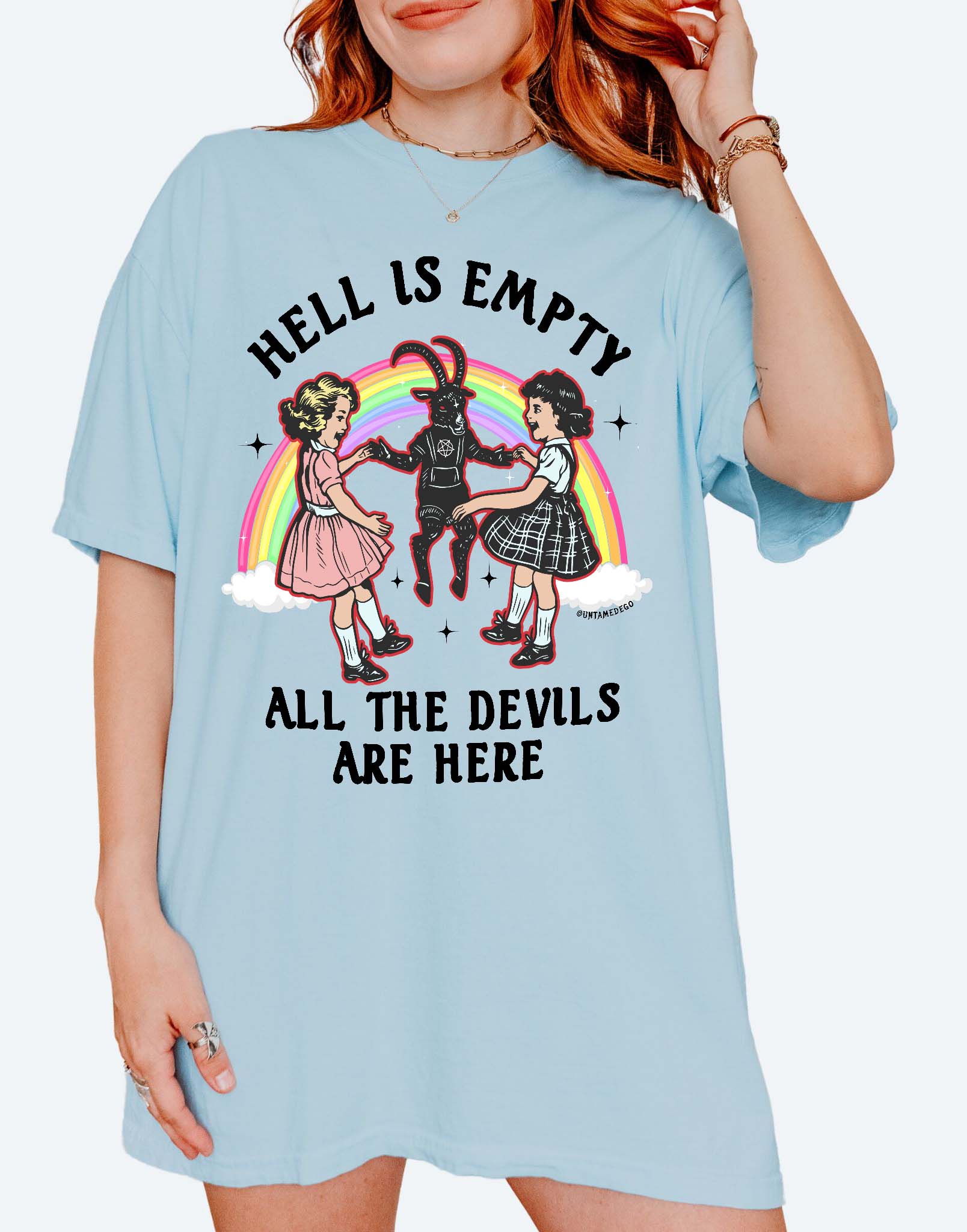 Light blue t-shirt with graphic design and text worn by a person