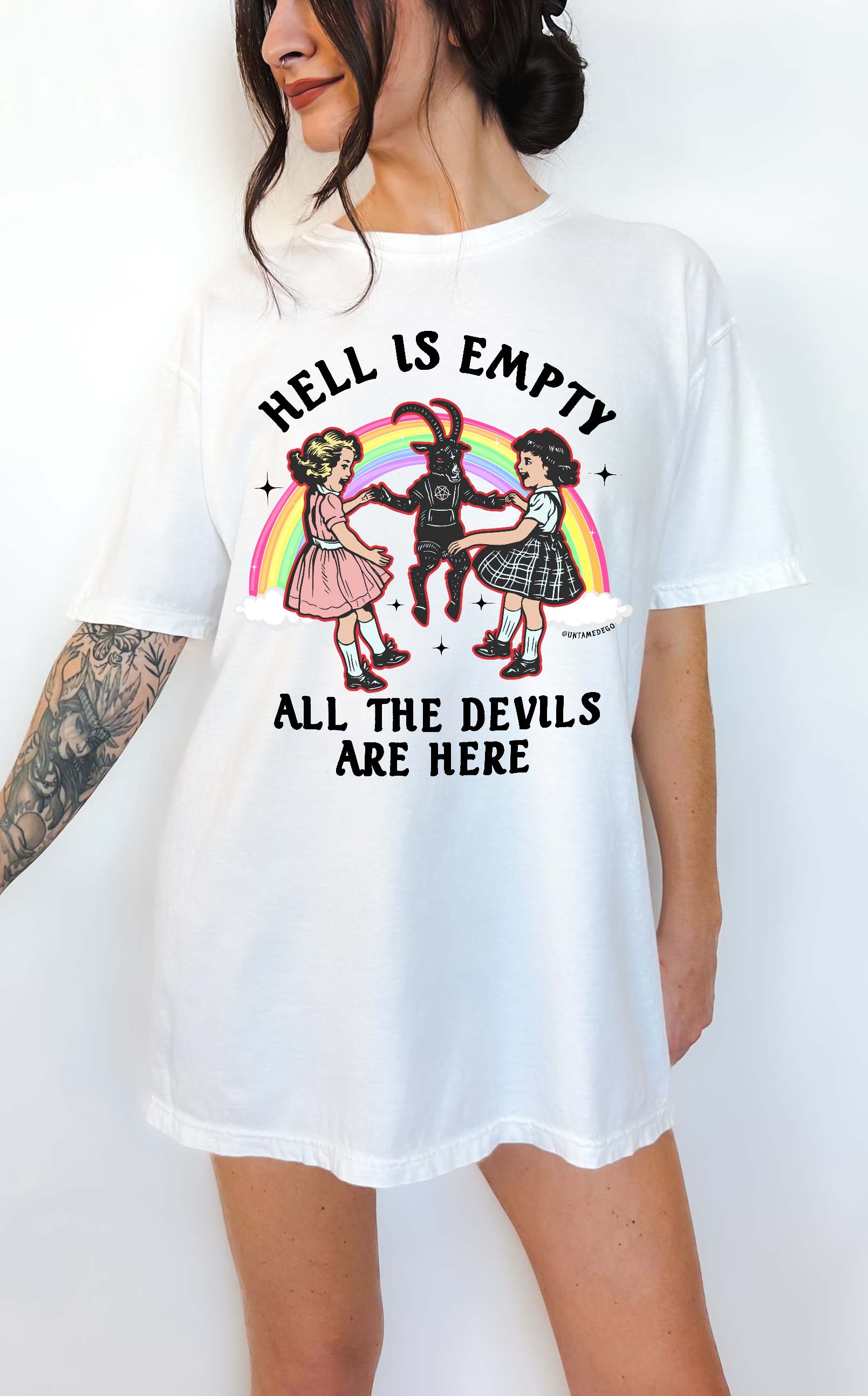 White t-shirt with graphic design and text worn by a person on a white background