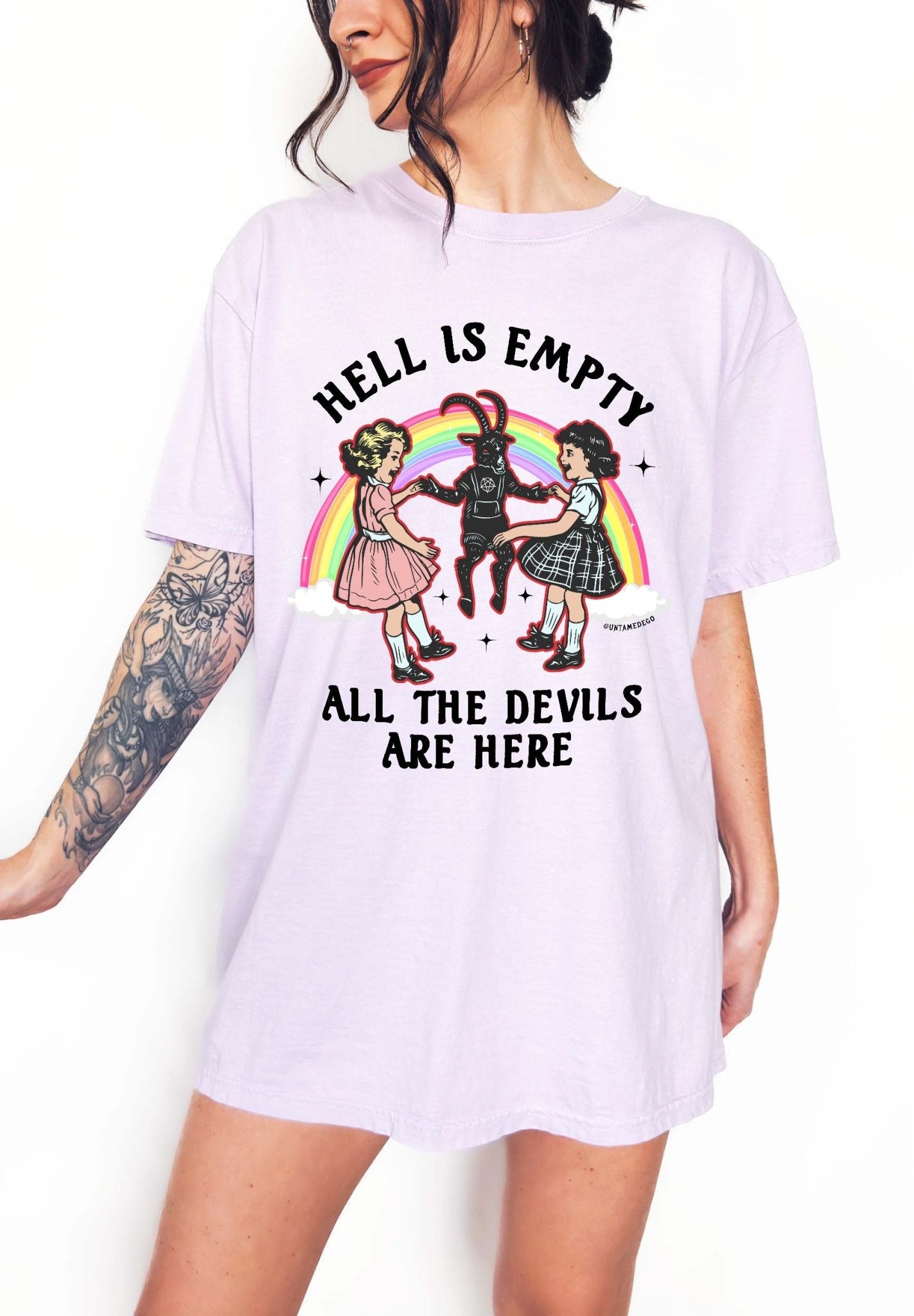 Dark humor graphic t-shirt with devil figure and text saying hell is empty all the devils are here