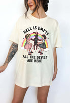 Dark humor graphic t-shirt with devil figure and text saying hell is empty all the devils are here