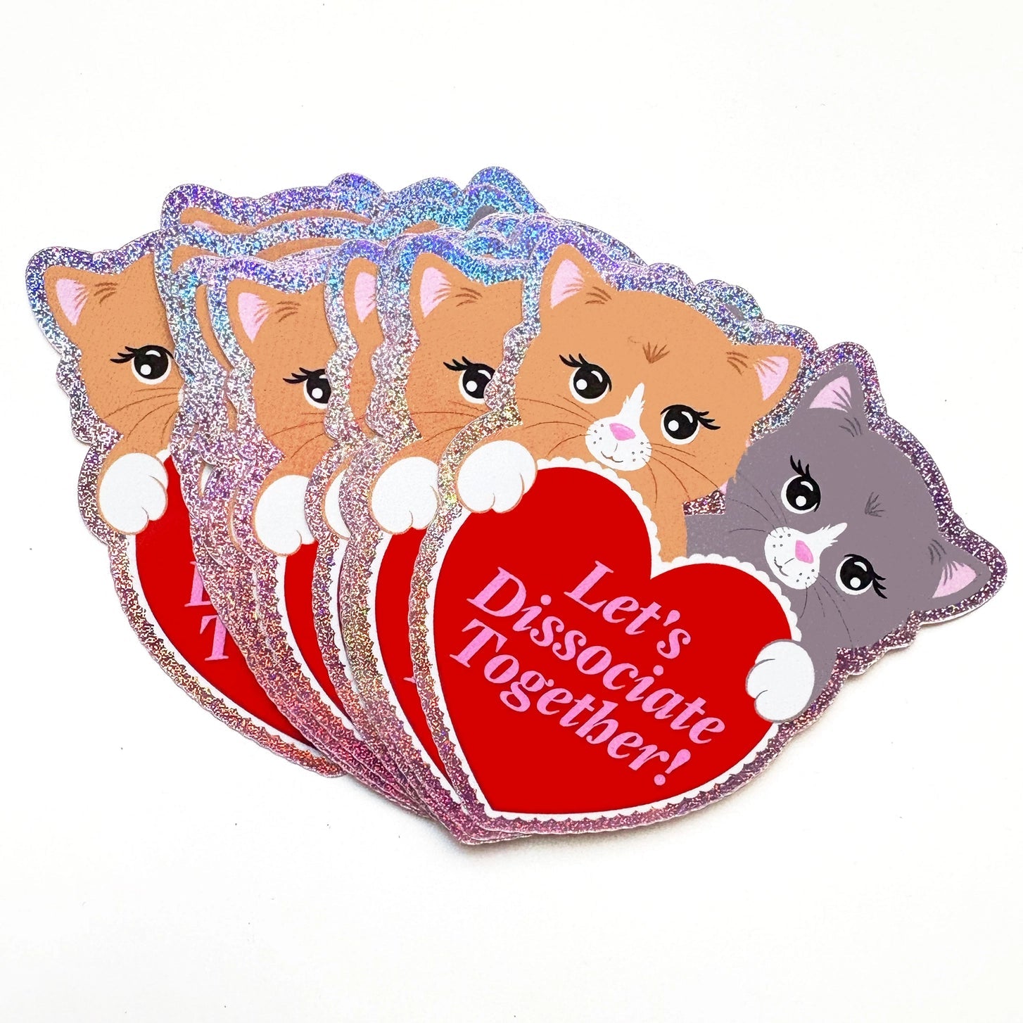 Holographic Glitter Kitten Heart Sticker - Let's Dissociate Together Kitties Heart Sticker - UntamedEgo LLC.