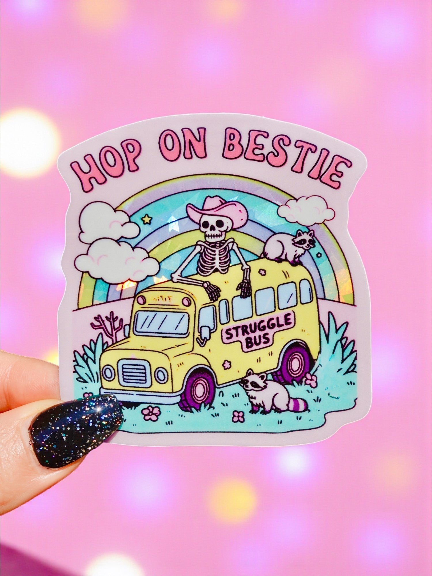 Hop On Bestie Sticker – Funny Struggle Bus Glitter Vinyl Sticker - UntamedEgo LLC.