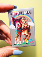 I Hate It Here Holographic Pin – Retro Rainbow Deer with Dark Humor - UntamedEgo LLC.