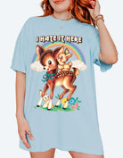 Funny graphic t-shirt with cute deer illustration and text saying I hate it here