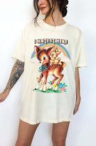 Funny graphic t-shirt with cute deer illustration and text saying I hate it here