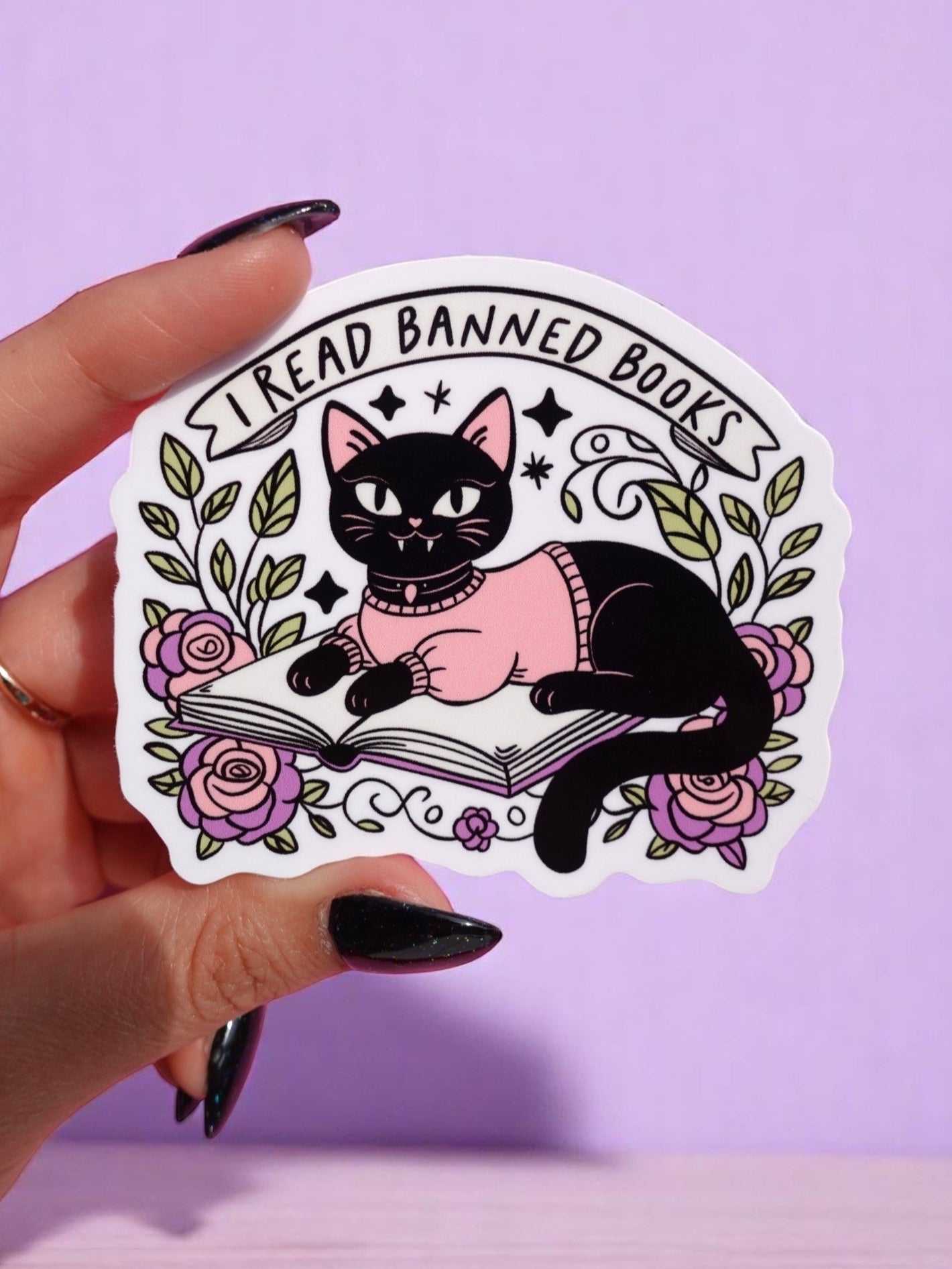 I Read Banned Books Sticker – Black Cat Reading Vinyl Decal – Feminist Book Lover Waterproof - UntamedEgo LLC.