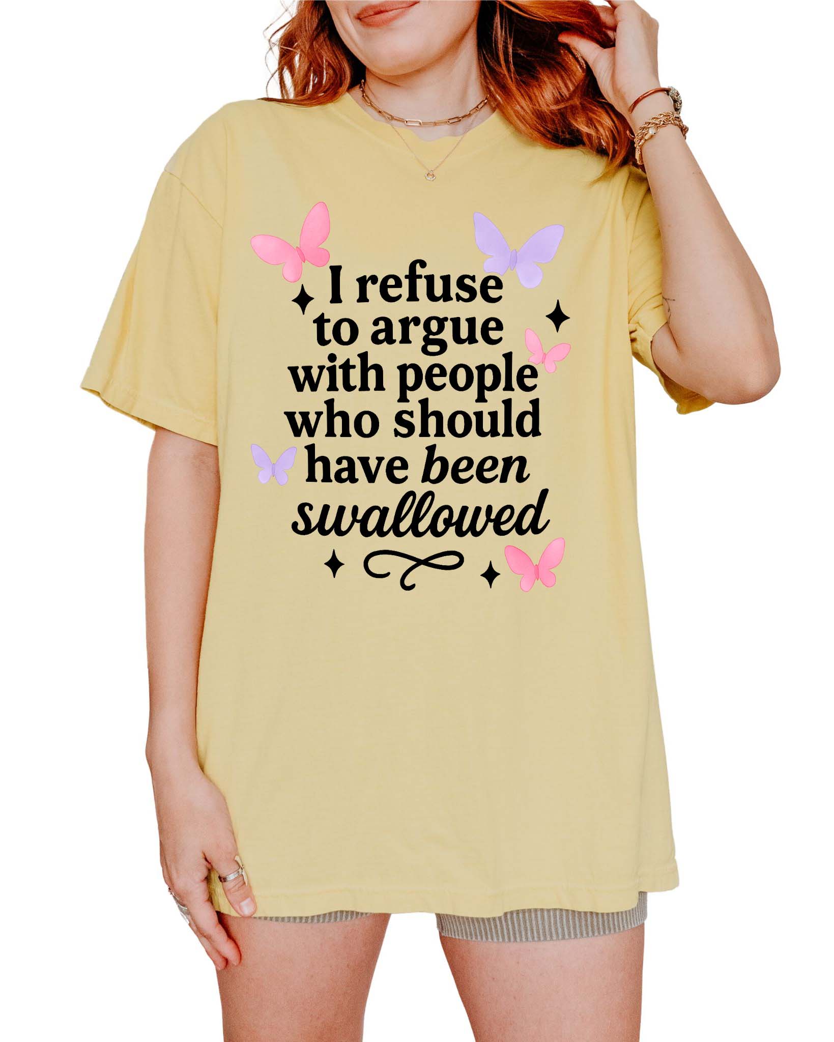 Funny sarcastic t-shirt with bold text about refusing to argue and humorous rude statement design