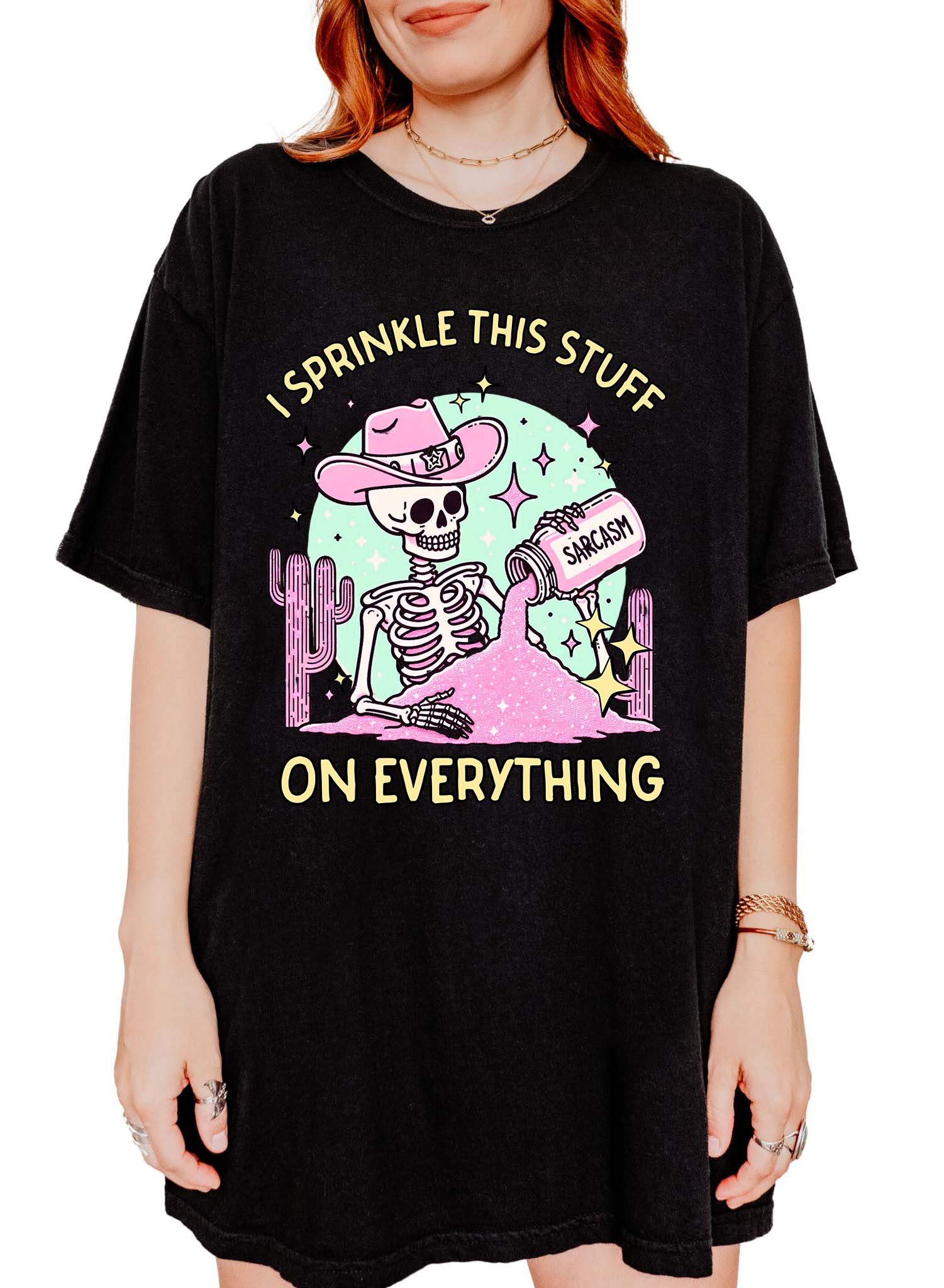 Funny graphic t-shirt with skeleton sprinkling sarcasm and text saying I sprinkle this stuff on everything
